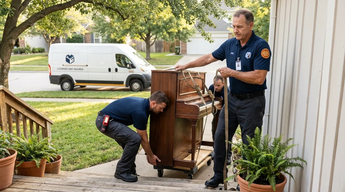 Licensed piano movers securing grand piano in Celina, TX