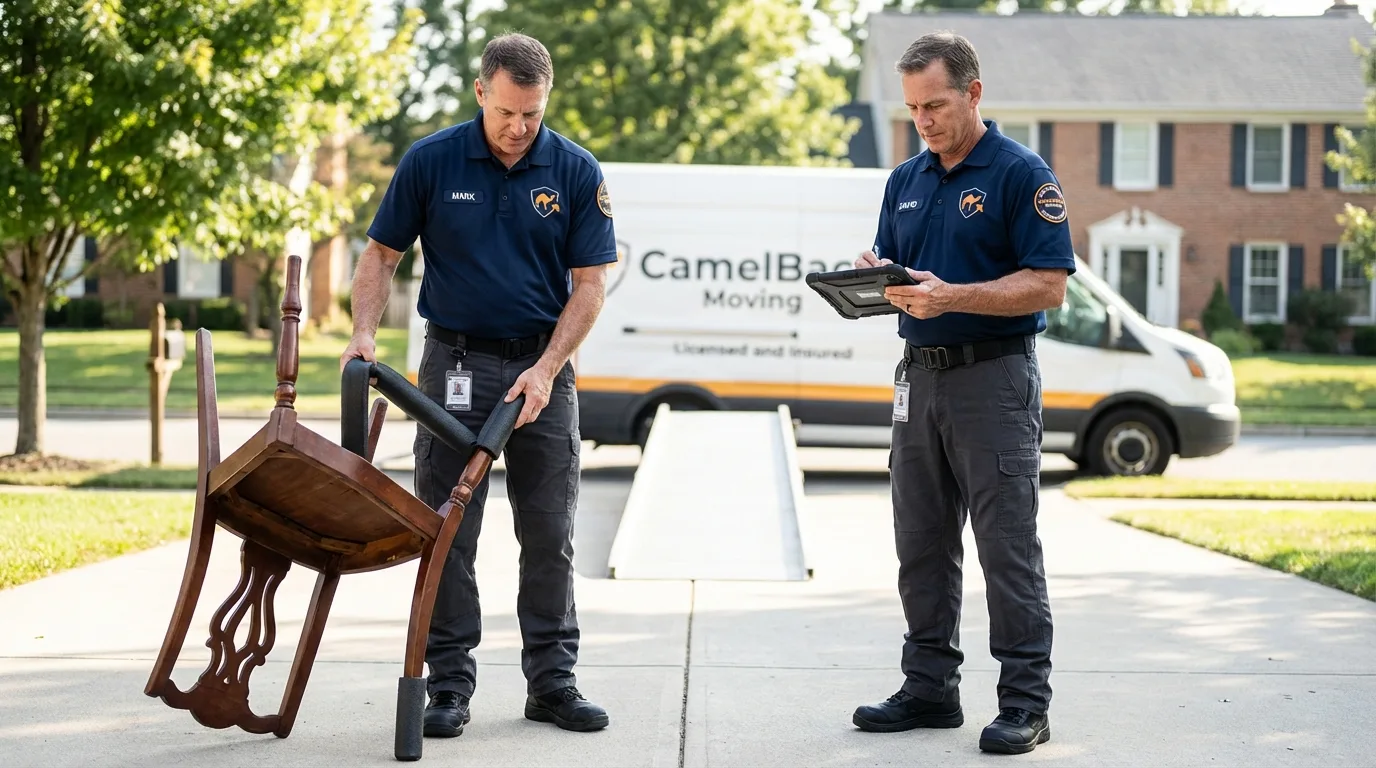 Movers inspecting furniture for damage prevention before loading in Celina, TX
