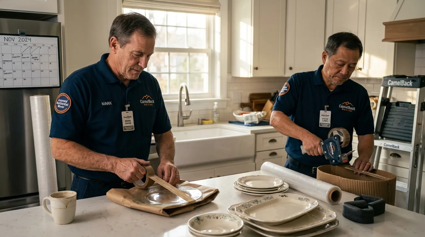 Professional crew packing kitchen dishware in Celina, TX